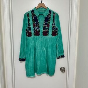 SOFT SURROUNDINGS | Turquoise Embroidered Peasant Textured Floral Tunic Top, M